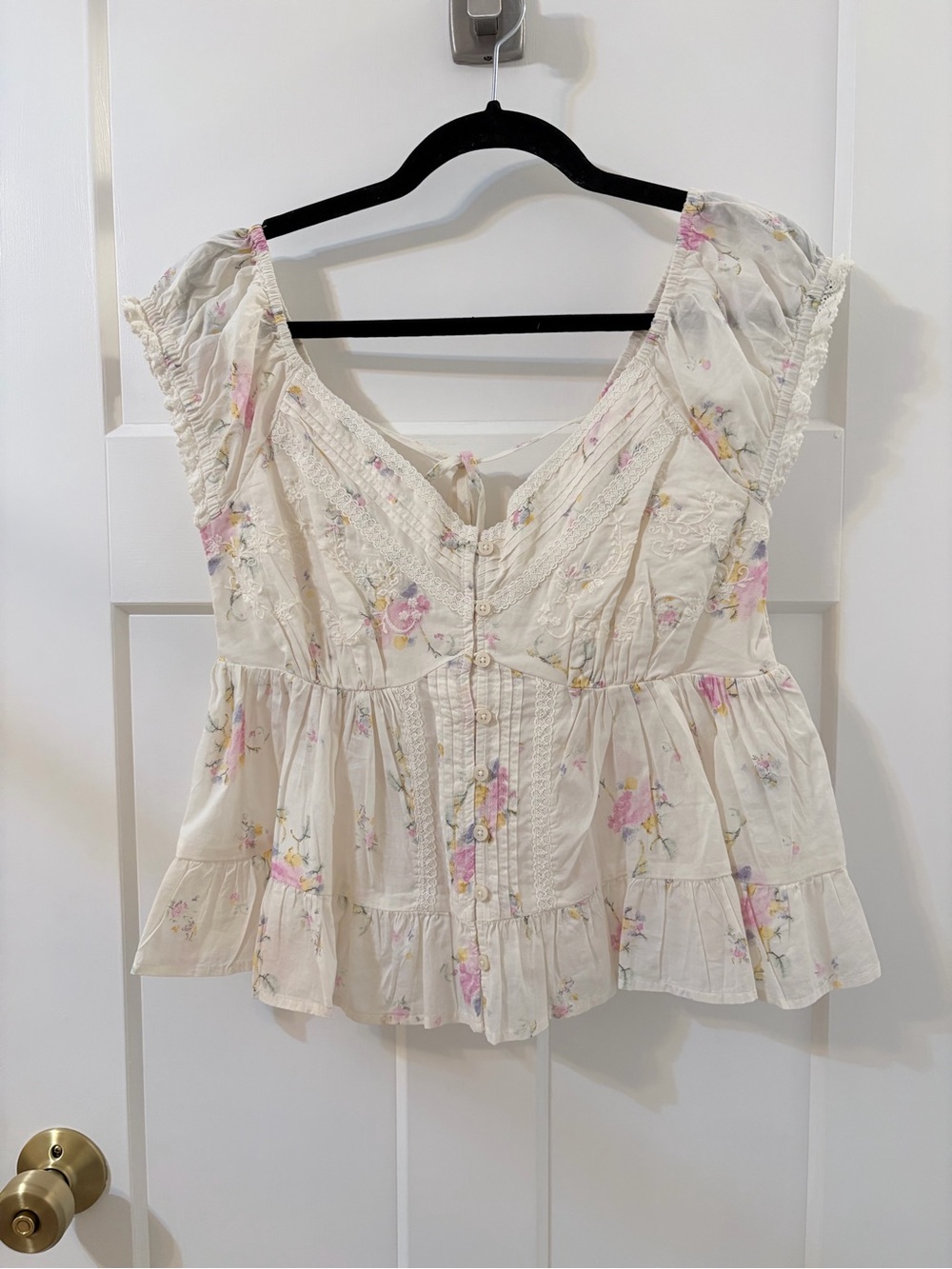 Universal Thread Cream Floral Peplum Blouse with Pink & Yellow Accents